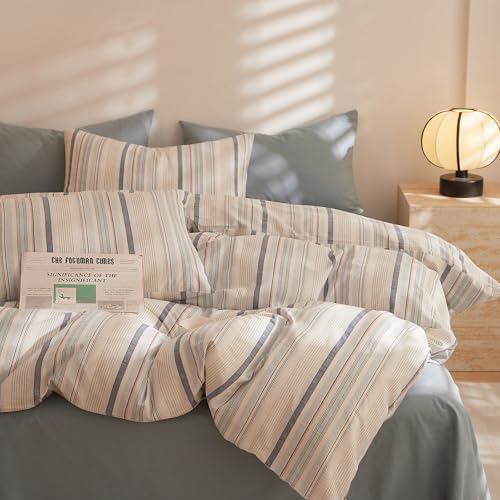 HighBuy Blue Grey Striped Duvet Cover Set King 100% Washed Cotton