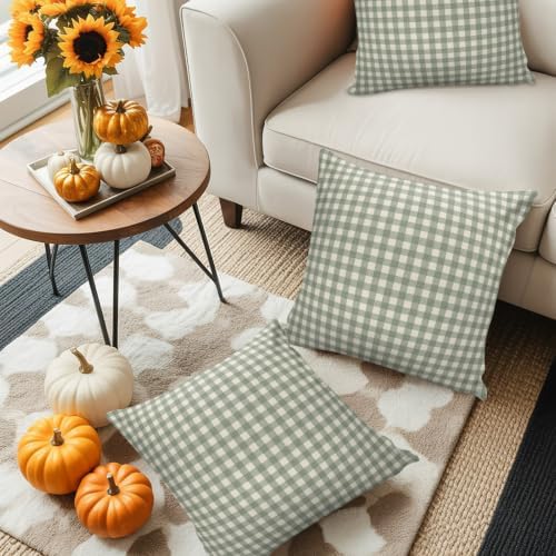 Outdoor Pillow Covers Set of 2, Rustic Sage Green Beige Checker