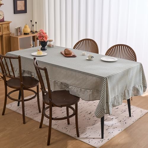 vctops Farmhouse Green Plaid Ruffle Table Cloth, Boho Cotton Linen
