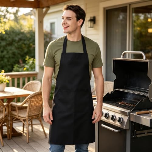 12 Pack Bib Apron - Unisex Black Apron with 2 Roomy Pockets Machine