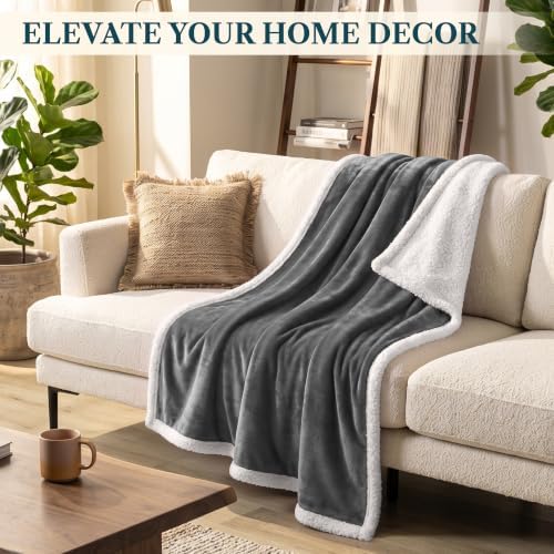 PAVILIA Sherpa Fleece Throw Blanket for Couch, Dark Grey, Plush Soft