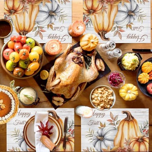 Placemats Set of 8, Fall Thanksgiving Harvest Pumpkins Washable Table