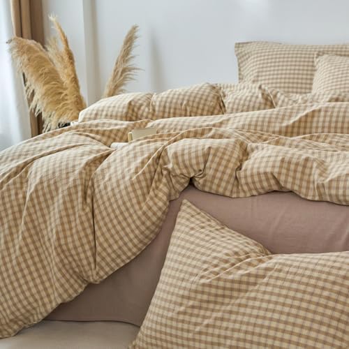 LifeTB Brown Gingham Duvet Cover Set Queen Beige Tan Plaid Checkered