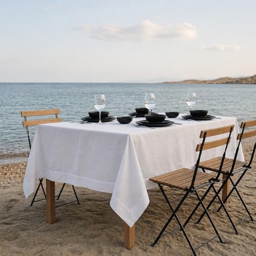 Solino Home 100% Pure Linen Tablecloth White Rectangular, Fete 60 x