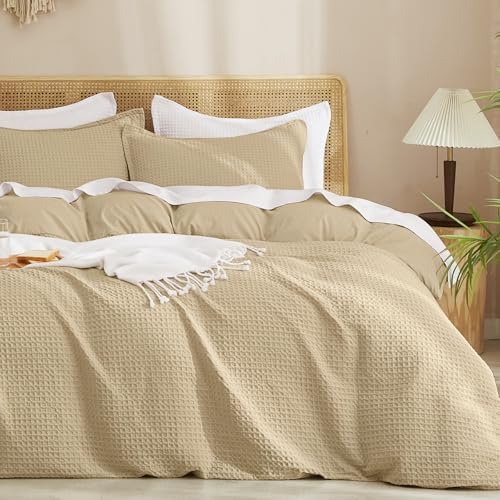 PHF Waffle Duvet Cover Queen, Ultra Soft & Breathable, 90"x90", Khaki
