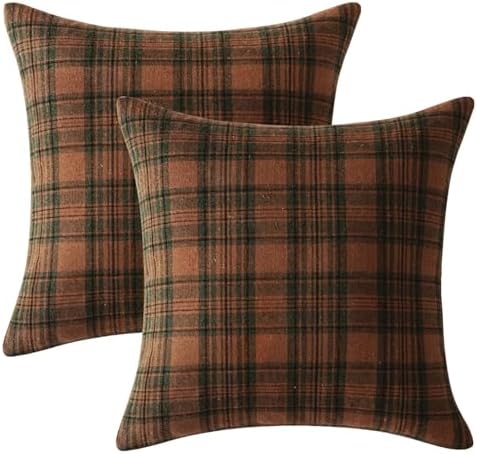 Fall Scottish Plaid Throw Pillow Covers 18x18 Orange Green Set of 2