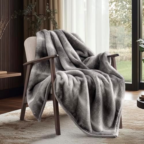 EVERGRACEHOME Mink Faux Fur Throw Blanket, Ombré Silver Onyx, 60"x80"