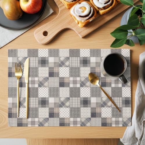 Patchwork Placemats Set of 8, Vintage Gray Minimalist Plaid Squares
