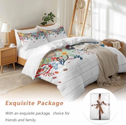 Boho Flowers Bedding Full Duvet Cover Set, 3 Piece Microfiber Soft
