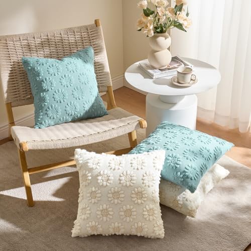EMEMA Cream Floral Tufted Throw Pillow Covers, Set of 2 Soft Textured
