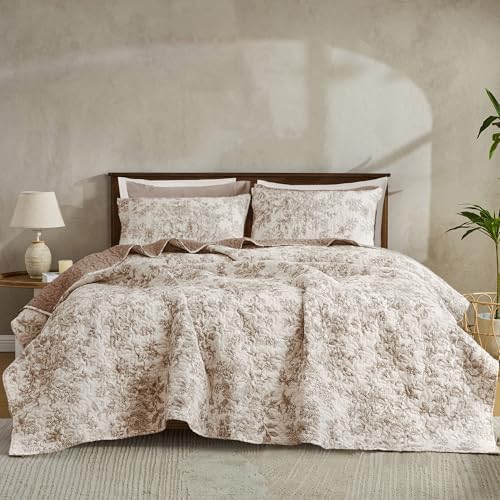 Wonderful - Taupe Floral Quilt King Size, 3-Piece Breathable Cotton