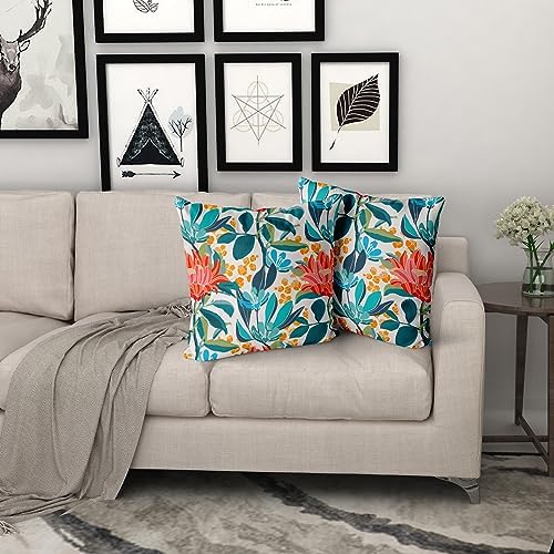 Teal Coral Floral Pillow Covers 20X20 Inch Turquoise Green Leaves