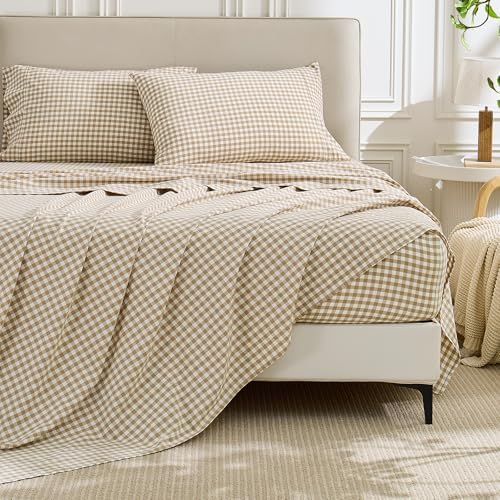 PURE ERA Tan Gingham Sheets Set 100% Washed Cotton Linen Like Full