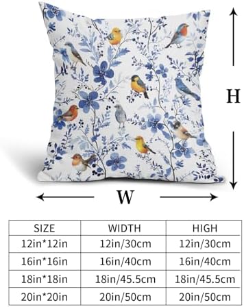 Bird Floral Pillow Covers 22x22inch, Watercolor Navy Blue Flowers