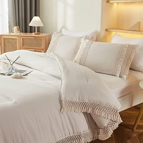 Beige Pillowcases, Macrame Tassel Pillow Cases Set of 2, 100% Washed
