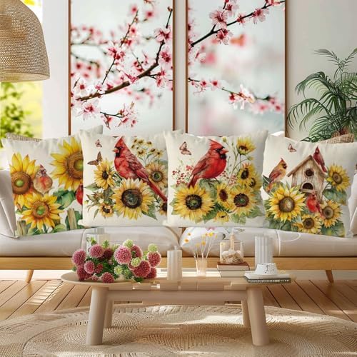 GAGEC Summer Pillow Covers 20x20 Inch Set of 4 Cardinal Sunflower