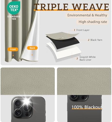 2 Panels 100% Blackout Linen-Textured Thick Grommet Curtains