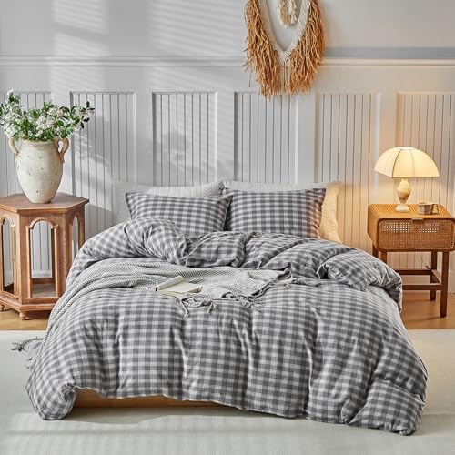 DuShow Washed Cotton Gingham Duvet Cover Queen Gray Plaid Checkered