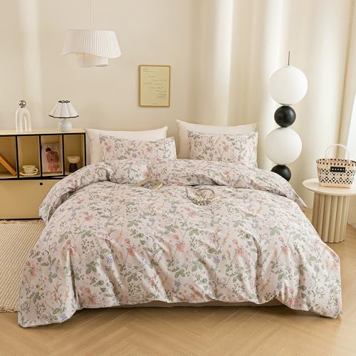 ECOCOTT Floral Duvet Cover Queen Size, 100% Washed Cotton 3 Piece