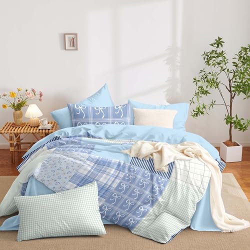 Nayoroom Plaid Duvet Cover Queen Reversible Blue Patchwork Coastal