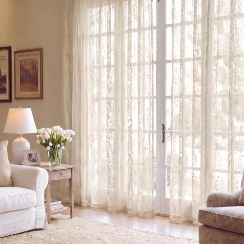 Floral Sheer Curtains Rod Pocket 72 Inches 2 Panels Beige