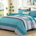 WONGS BEDDING Teal Blue King Size Quilt Set, Boho Striped Bedspread