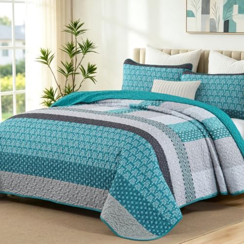 WONGS BEDDING Teal Blue Queen Size Quilt Set, Boho Striped Bedspread