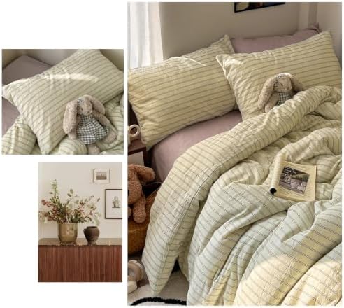 Vintage Striped Duvet Cover Queen Size 3Pcs Washed Cotton Retro