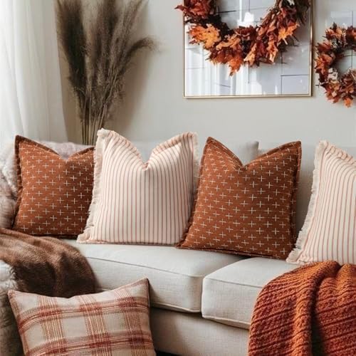 ZWJD Fall Pillow Covers 18x18 Set of 2 Soft Polyester Textured Rust