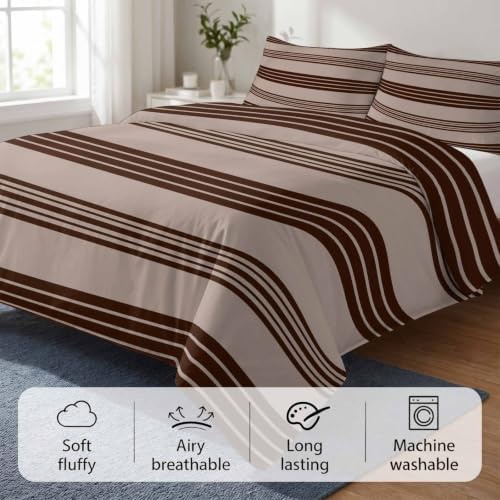 Duvet Cover King Size 3 Piece Bedding Set, Brown and Beige Stripe Soft