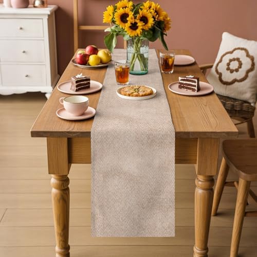 Beige Burlap Texture Table Runner 108 Inches, Farmhouse Nature Linen