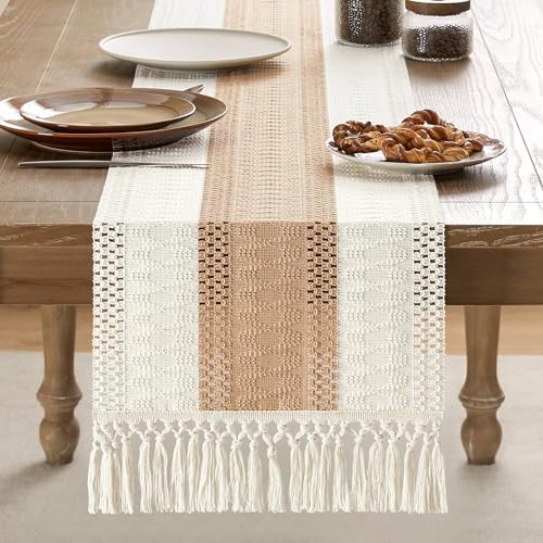 ZeeMart Macrame Style Bicolor Stitching Table Runner 14x36in Beige