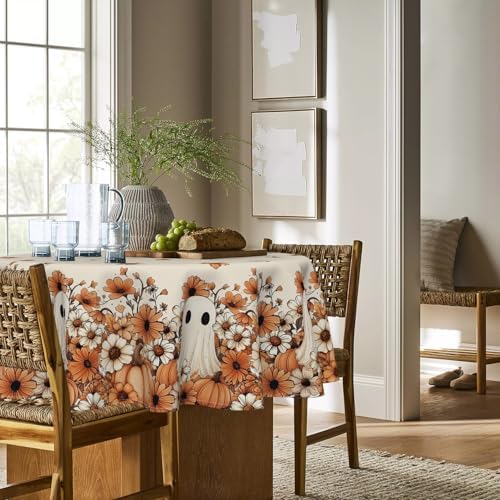 Horaldaily Halloween Tablecloth 90 x 90 Inch Round Ghost Orange