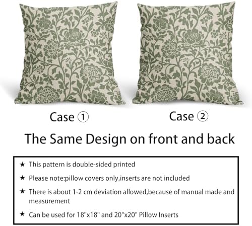 Sage Green Floral Pillow Covers 22x22 Inch Set of 2 Vintage Block
