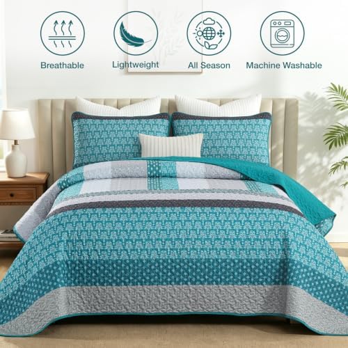 WONGS BEDDING Teal Blue Queen Size Quilt Set, Boho Striped Bedspread