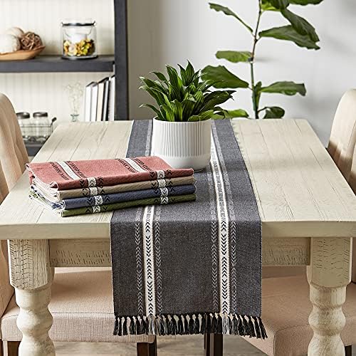 DII Textured Stripe Cotton Table Runner, 14x72 Black Fringed Farmhouse