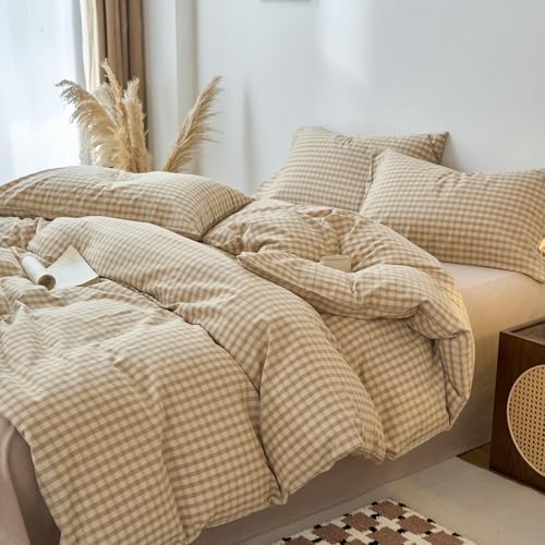 LifeTB Brown Gingham Duvet Cover Set Queen Beige Tan Plaid Checkered