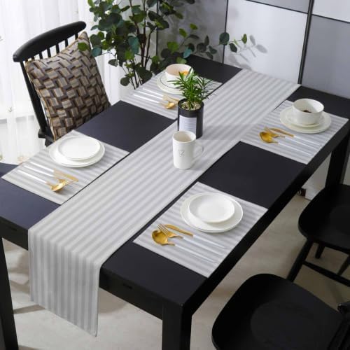Light Gray Stripes Table Runner and Placemats Set of 4 Neutral Tone