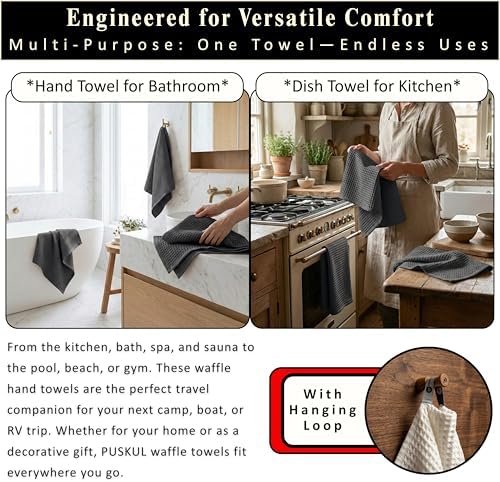 PÜSKÜL Natural 100% Turkish Cotton Waffle Hand and Kitchen Towels Set