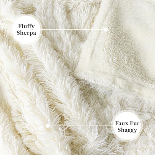 PAVILIA Cream Beige Fluffy Fuzzy Faux Fur King Size Blanket for Bed