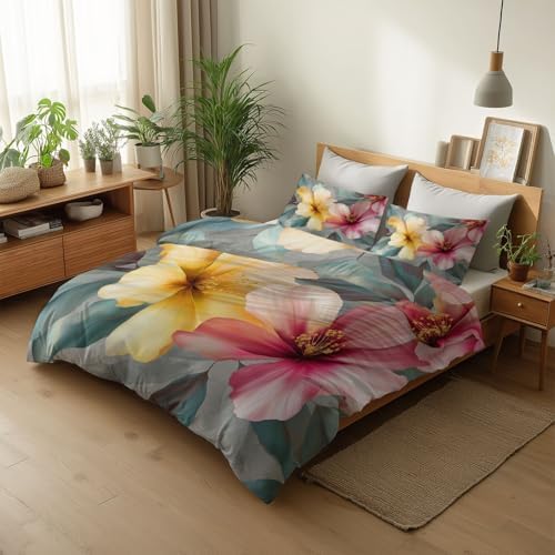 Duvet Cover Set Zipper Closure Gray Queen Quilt Cover Set Tropical
