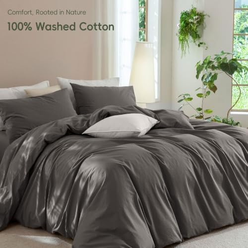 JIYUAN California King Washed Cotton Duvet Cover Set, Relaxed Linen