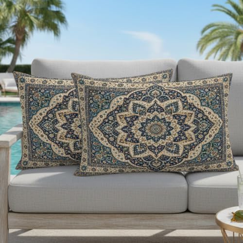 Boho Traditional Throw Pillow Covers, Navy Gold Cream Floral Pattern