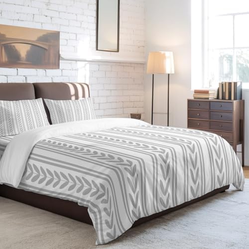 Full Duvet Cover Set 4 Piece, Modern Rustic Boho Leaves Stripe Soft