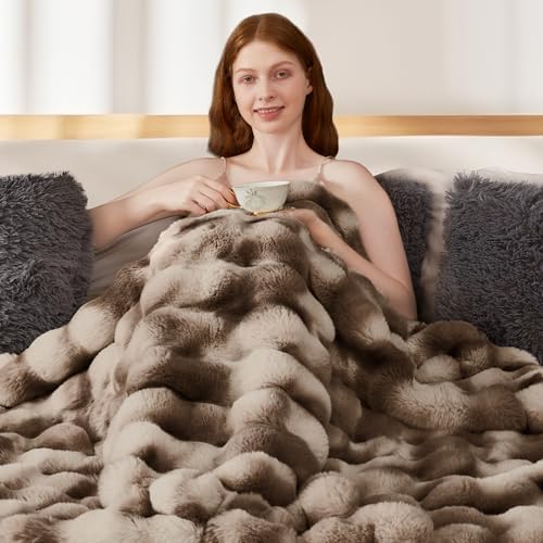 Touchat Luxury 1000GSM Faux Rabbit Fur Throw Blanket, Super Heavy Warm