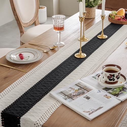 Black Farmhouse Boho Macrame Table Runner with Tassels 90 inches Long