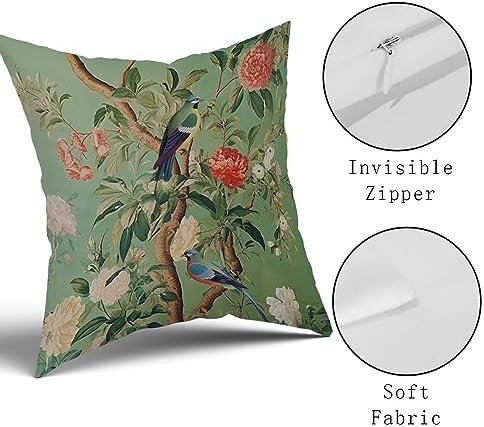 Green Chinoiserie Pillow Cover 20x20 Inch Vintage Bird Flower Throw