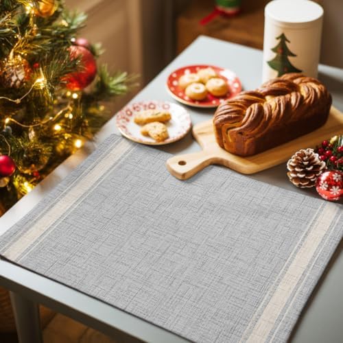 Gray Stripes Placemats Set of 8, Cotton Linen Fabric Place Mats