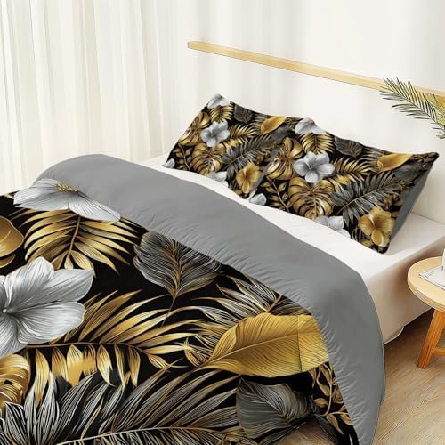 King Duvet Cover Set, Modern Flowers Leaves Elegant Reversible Design