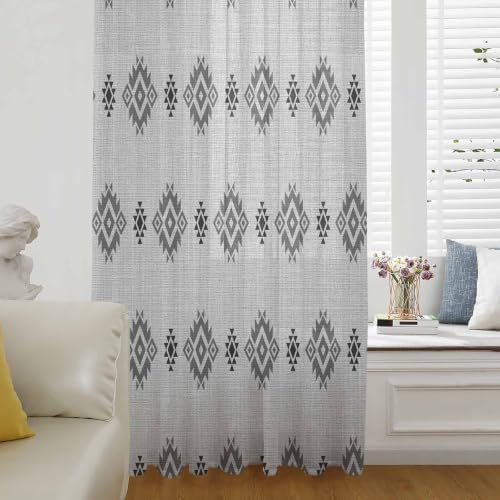 Sheer Curtains 63 Inches Long for Living Room/Bedroom, Grey Boho Rod